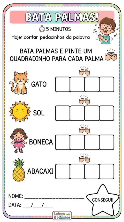 Atividade Bata palmas! do módulo 1 (Ouvir os sons): bater palmas e pintar um quadradinho para cada sílaba