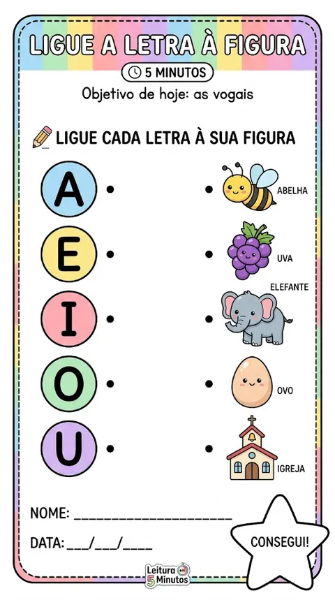 Atividade Ligue a letra à figura do módulo 2 (Letras que falam): ligar cada vogal à sua figura