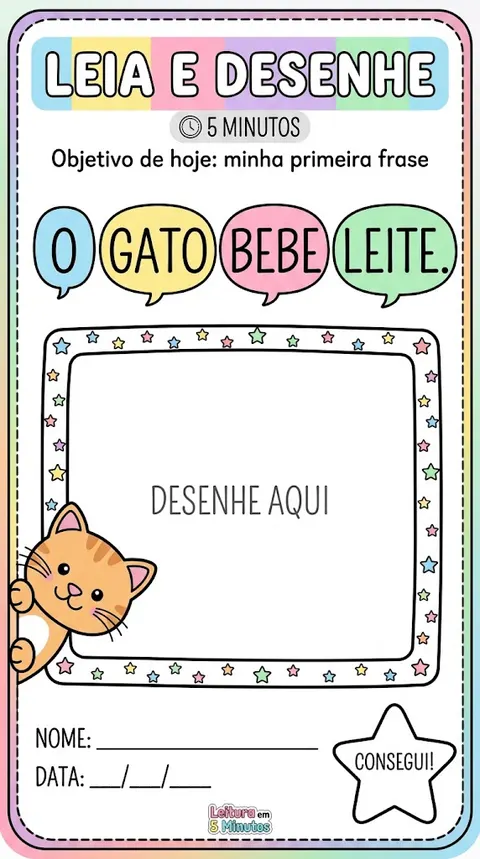 Atividade Leia e desenhe do módulo 5 (Minhas primeiras frases): ler a frase O gato bebe leite e desenhar