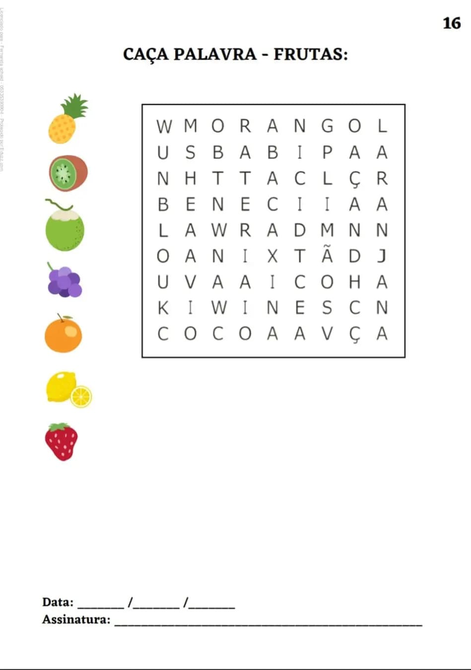 Atividade de caça-palavras sobre frutas